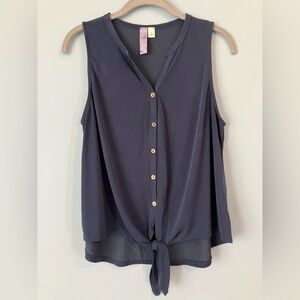 Sleeveless Button-Front Tie Hem Top - Navy